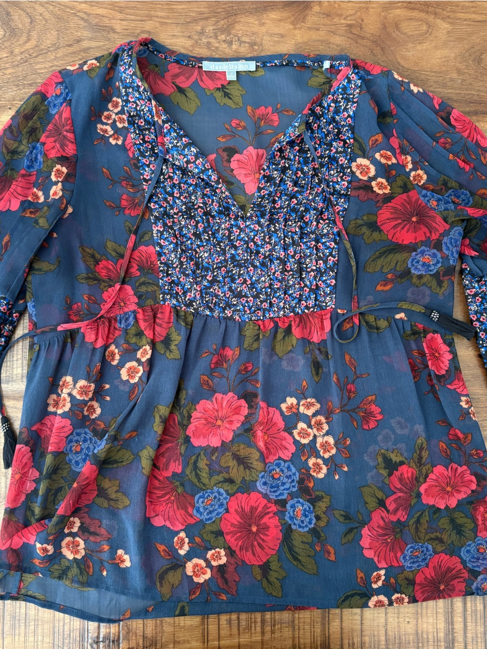 Daniel Rainn Navy Floral Top with Pink & Olive Leaves